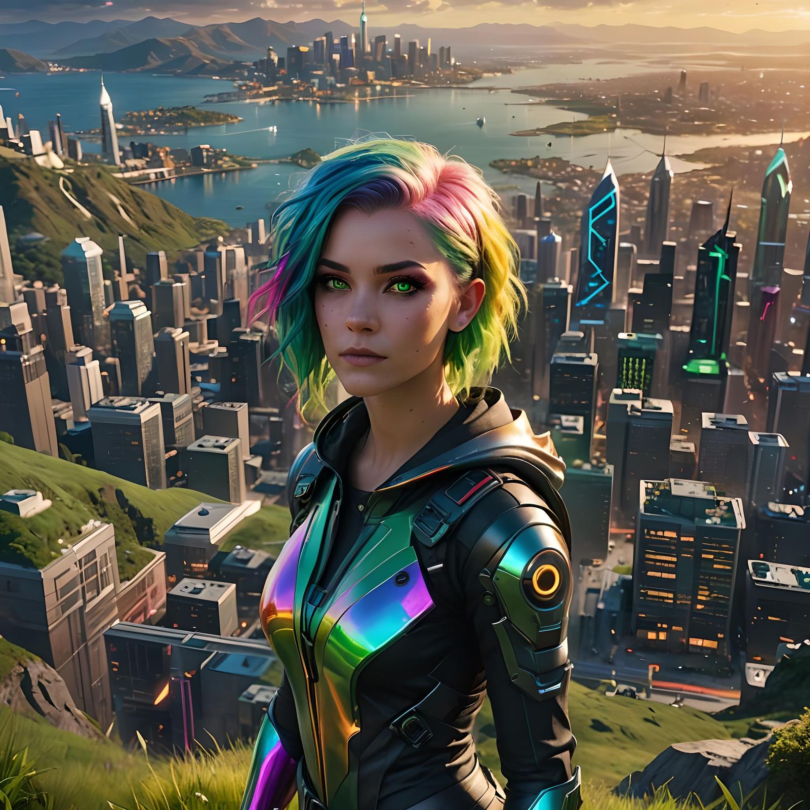 Rainbow-Haired Character Overlooking Futuristic City