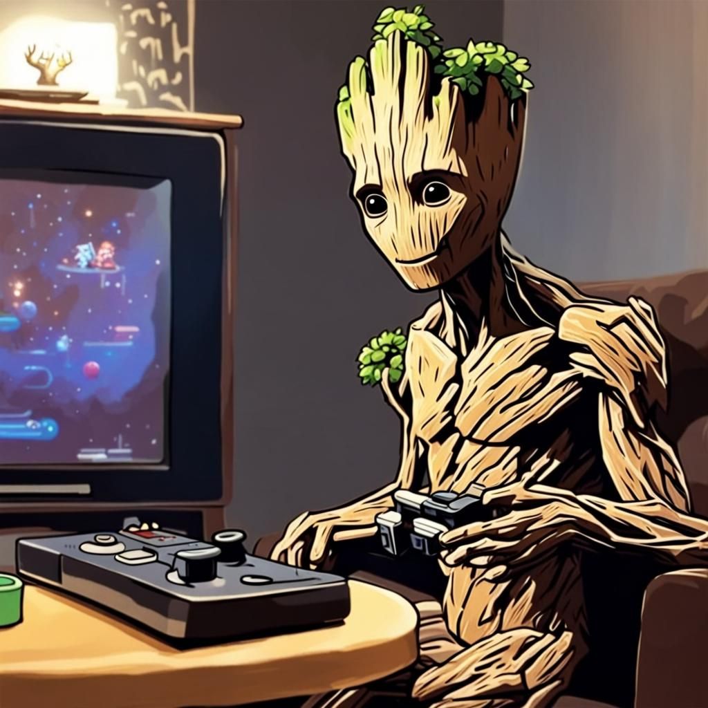 Groot Playing Video Games: Digital Art