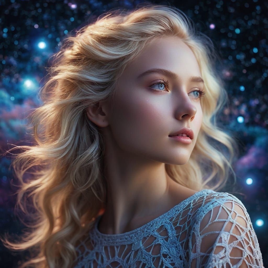 Dreamy Cosmic Portrait of a Blonde Woman in Ethereal Moonlig...