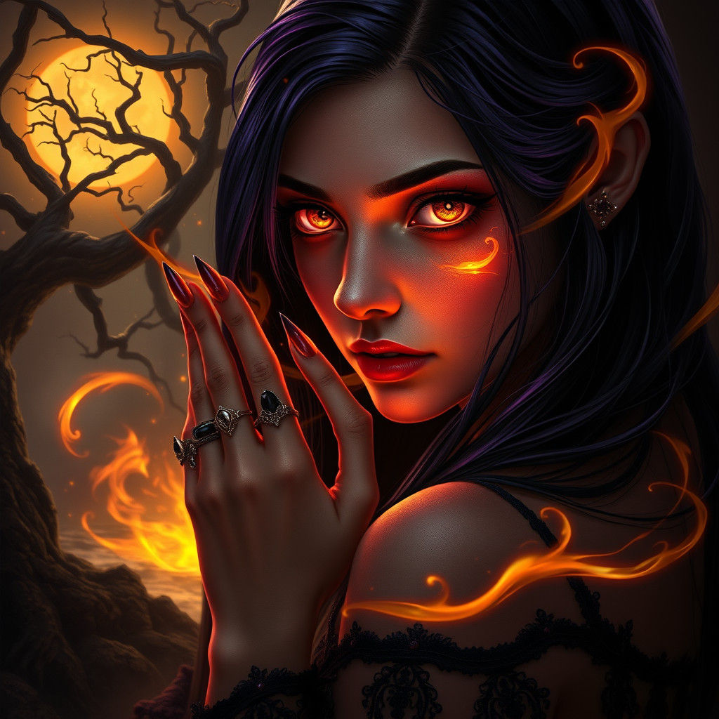 Ethereal Flames Envelop Woman in Dark Fantasy