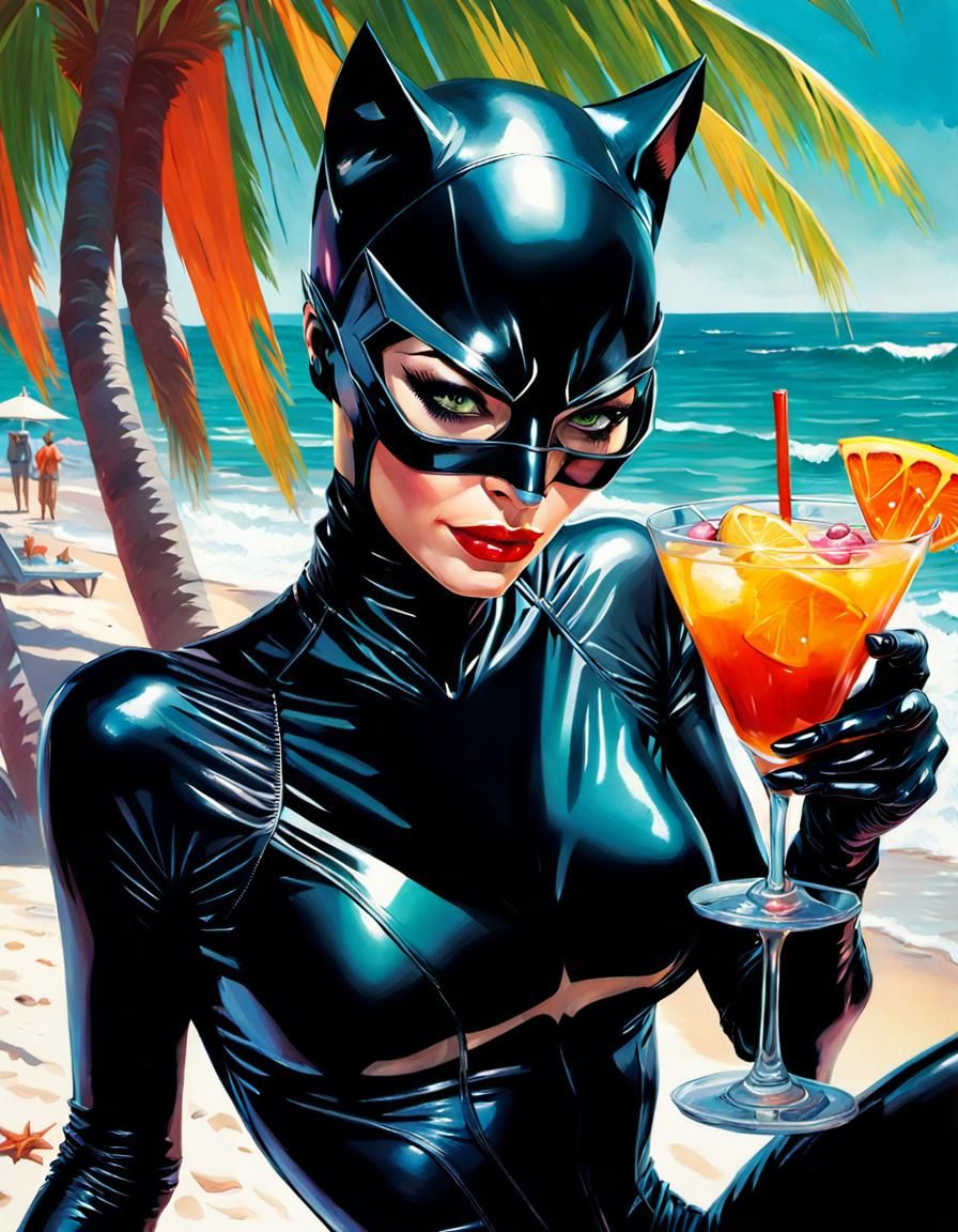Catwoman Sipping a Cocktail: Hyperrealistic Beach Art