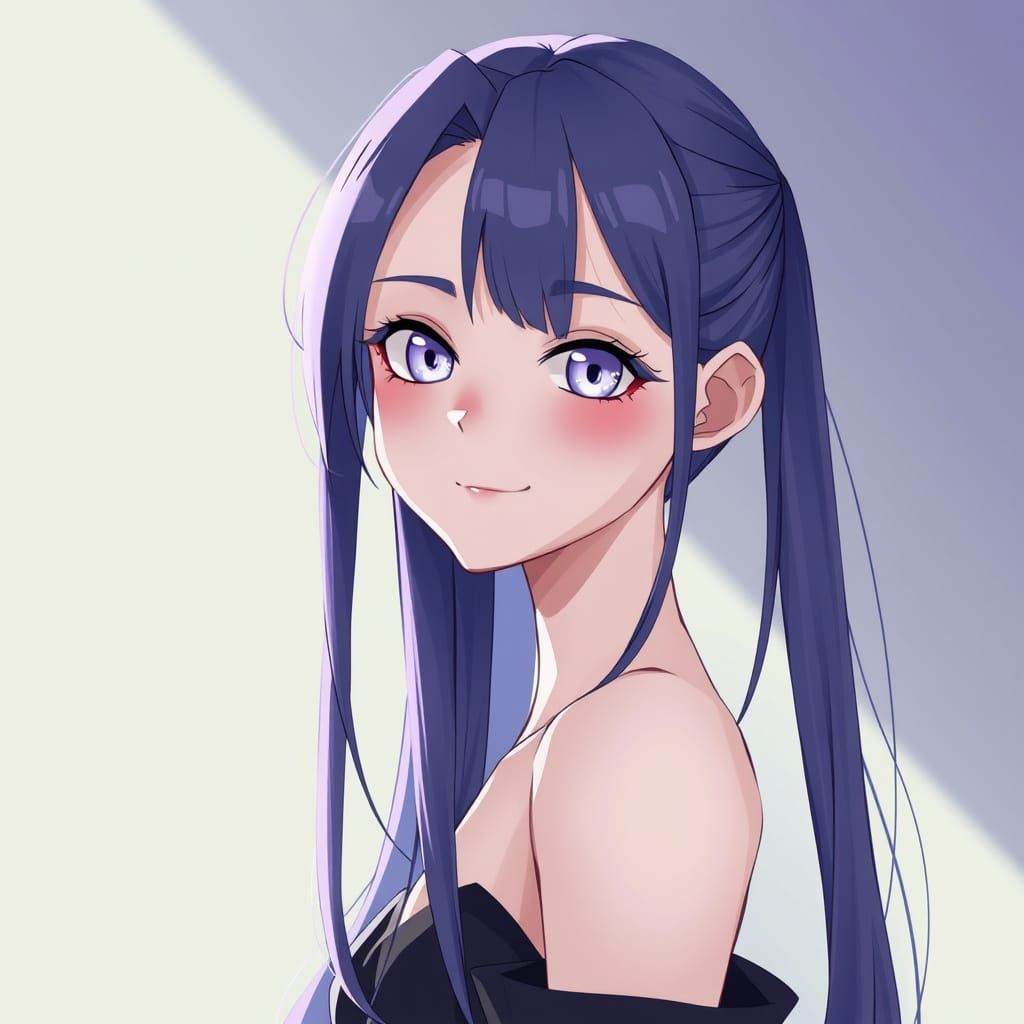 Manga-Style Woman with Indigo Hair and Lavender Eyes