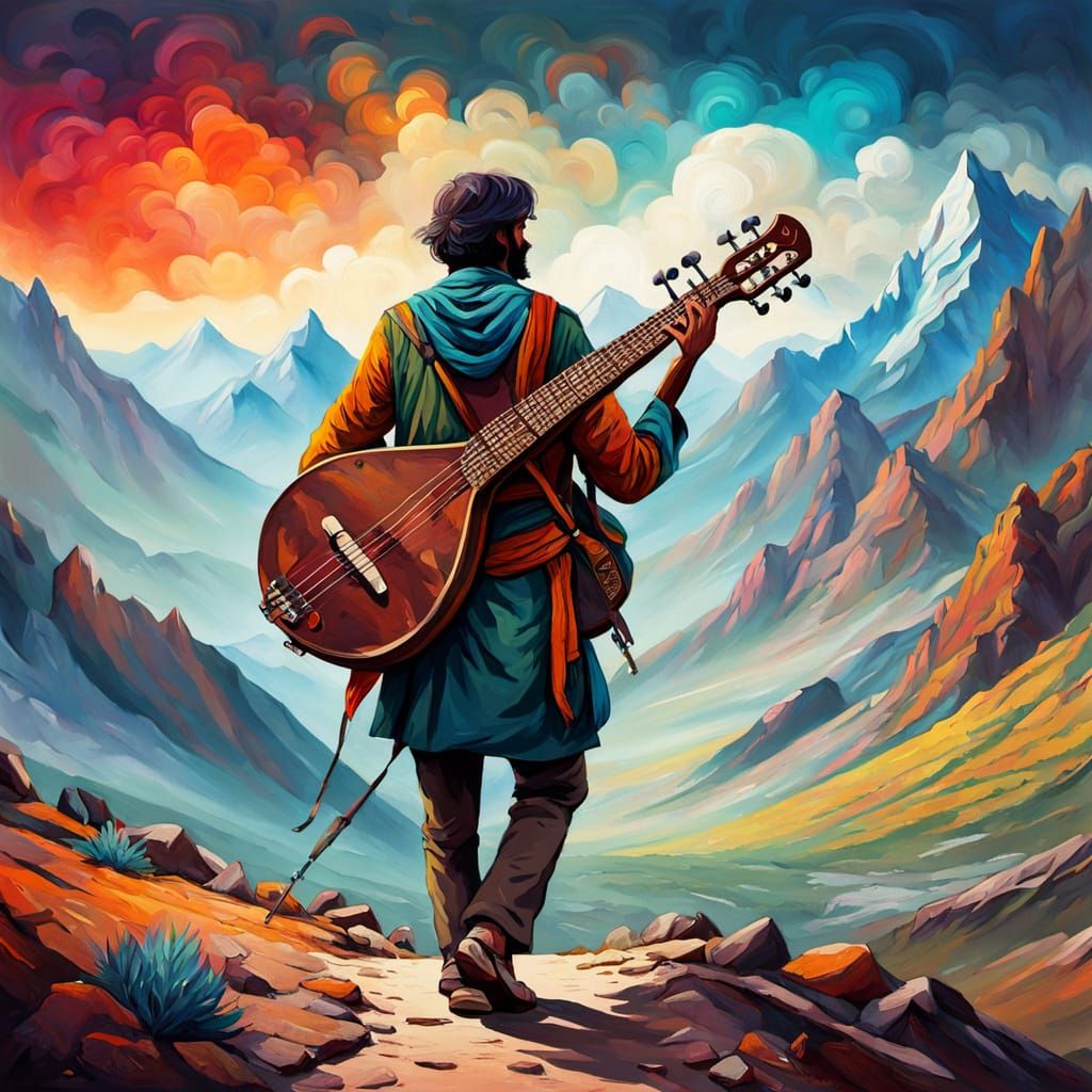 Man with Sitar Journeys Through Majestic Mountains in Oil Pa...