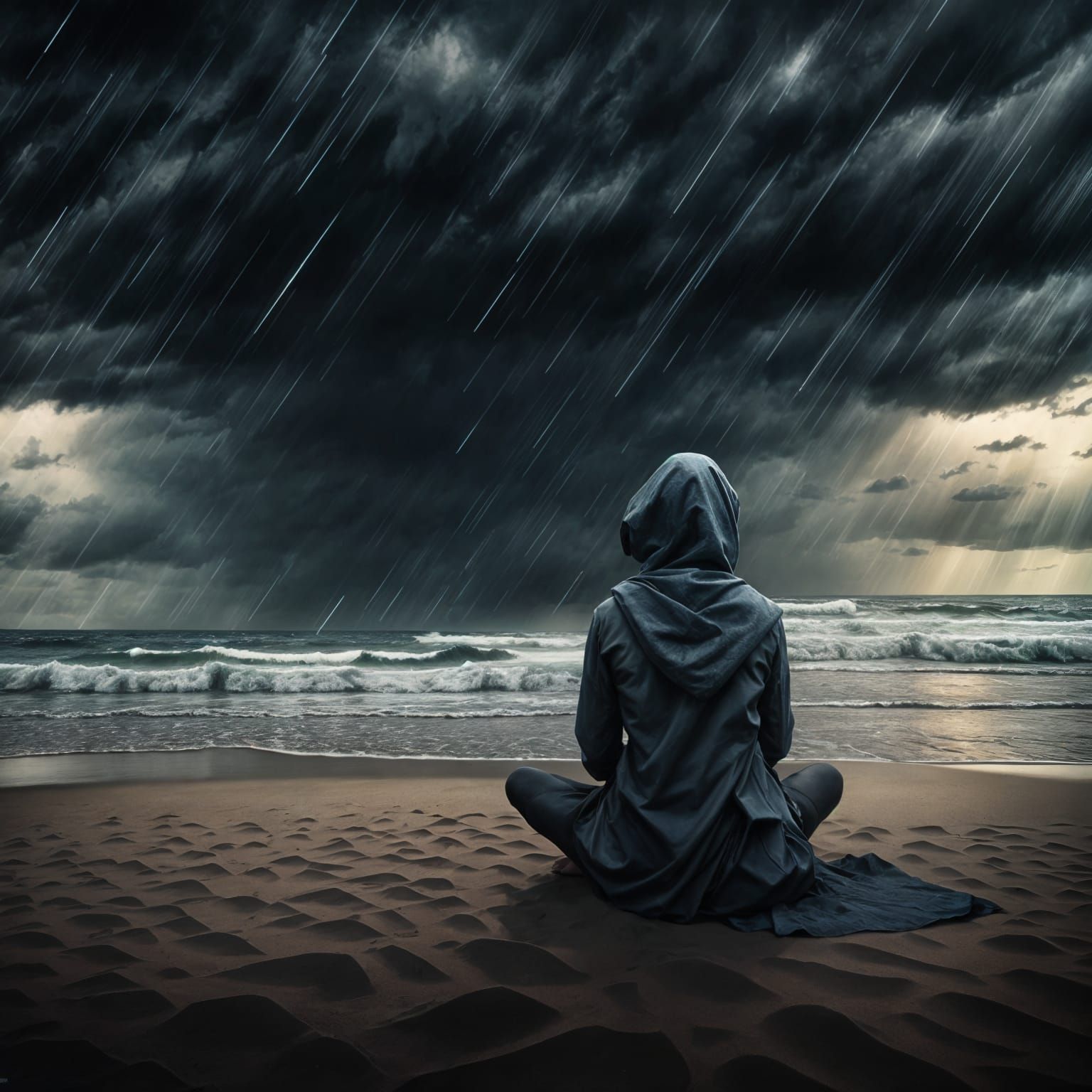 Lonely Woman on Beach Facing Storm, Matte Painting