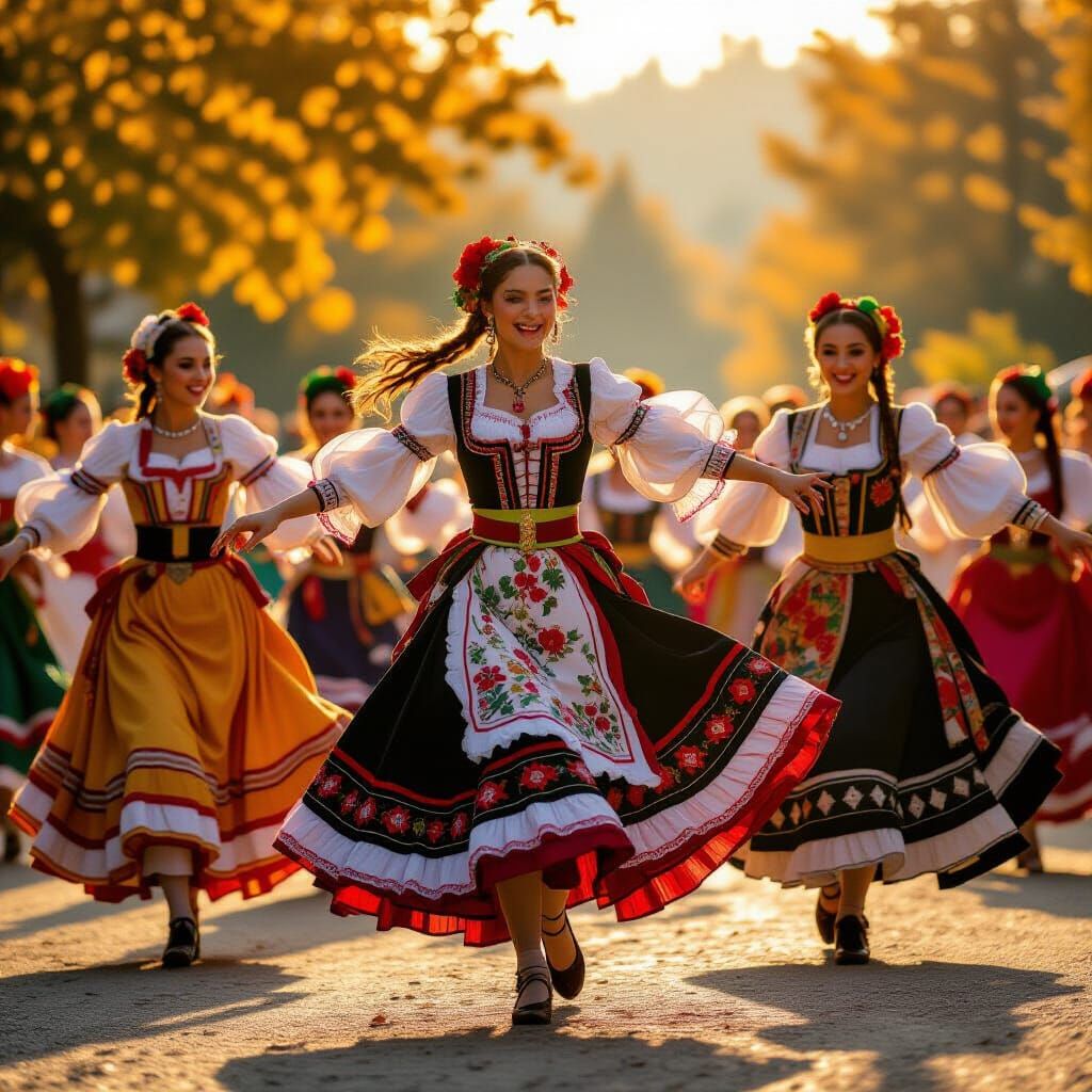 Photorealistic Székely Dancers in Golden Hour Light