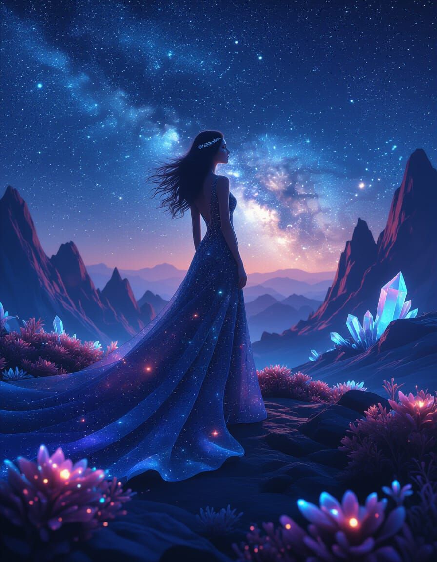 Ethereal Stardust Woman on Crystalline Planet