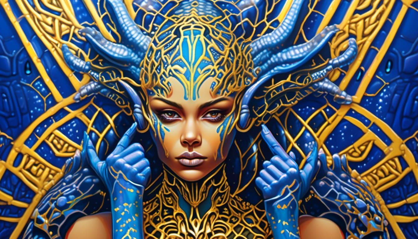 Alien Woman with Golden Filigree in Graffiti Art Style