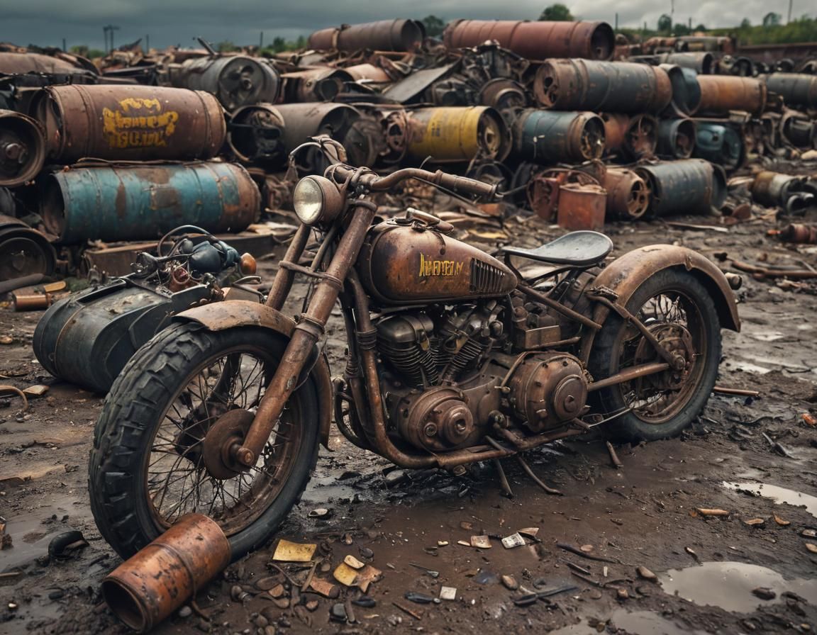 Dieselpunk War Machine in Desolate Junkyard