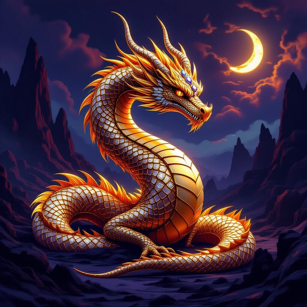 Liquid Gold and Diamond Dragon in Dark Fantasy Landscape