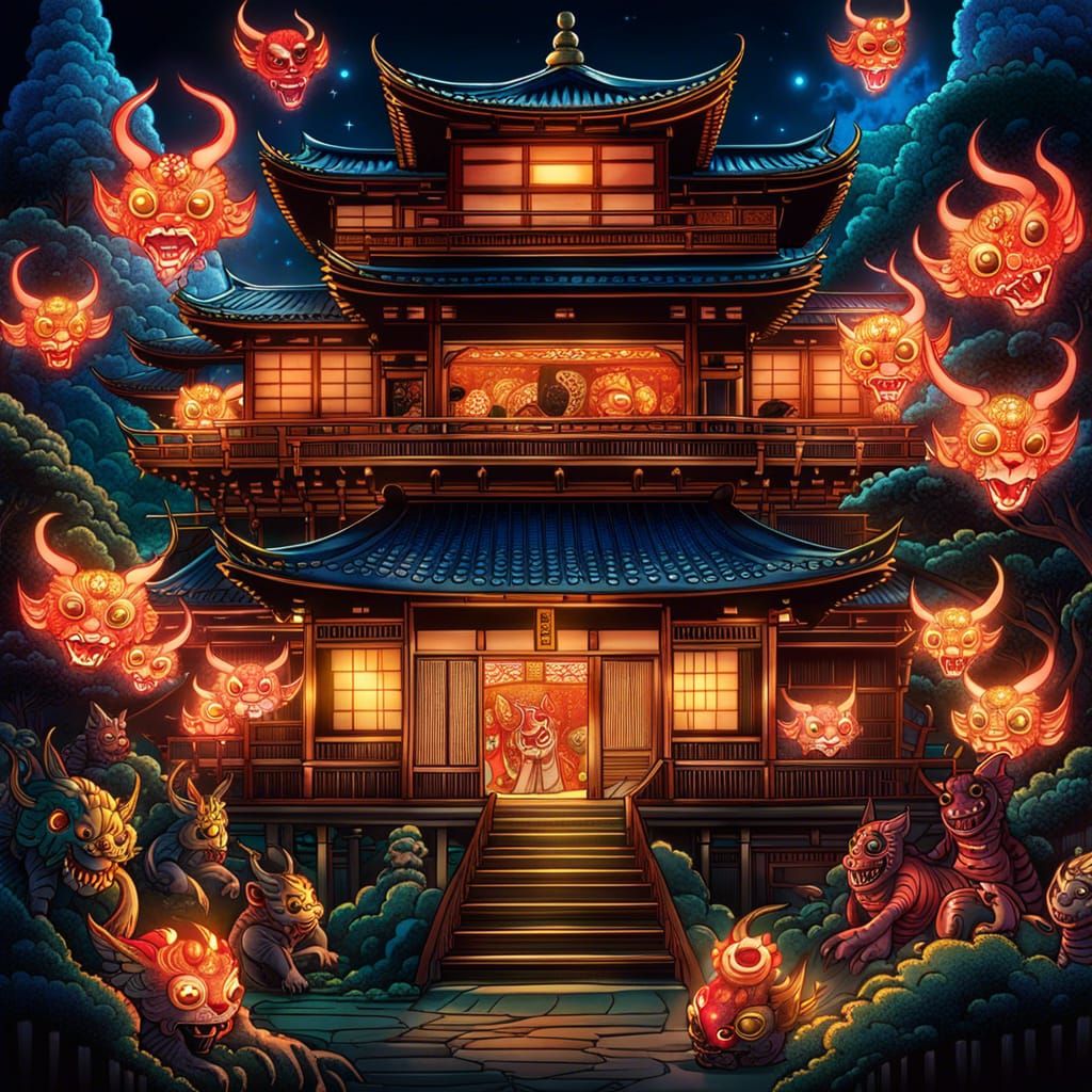 Japanese House with Glowing Spirits in Anime Style