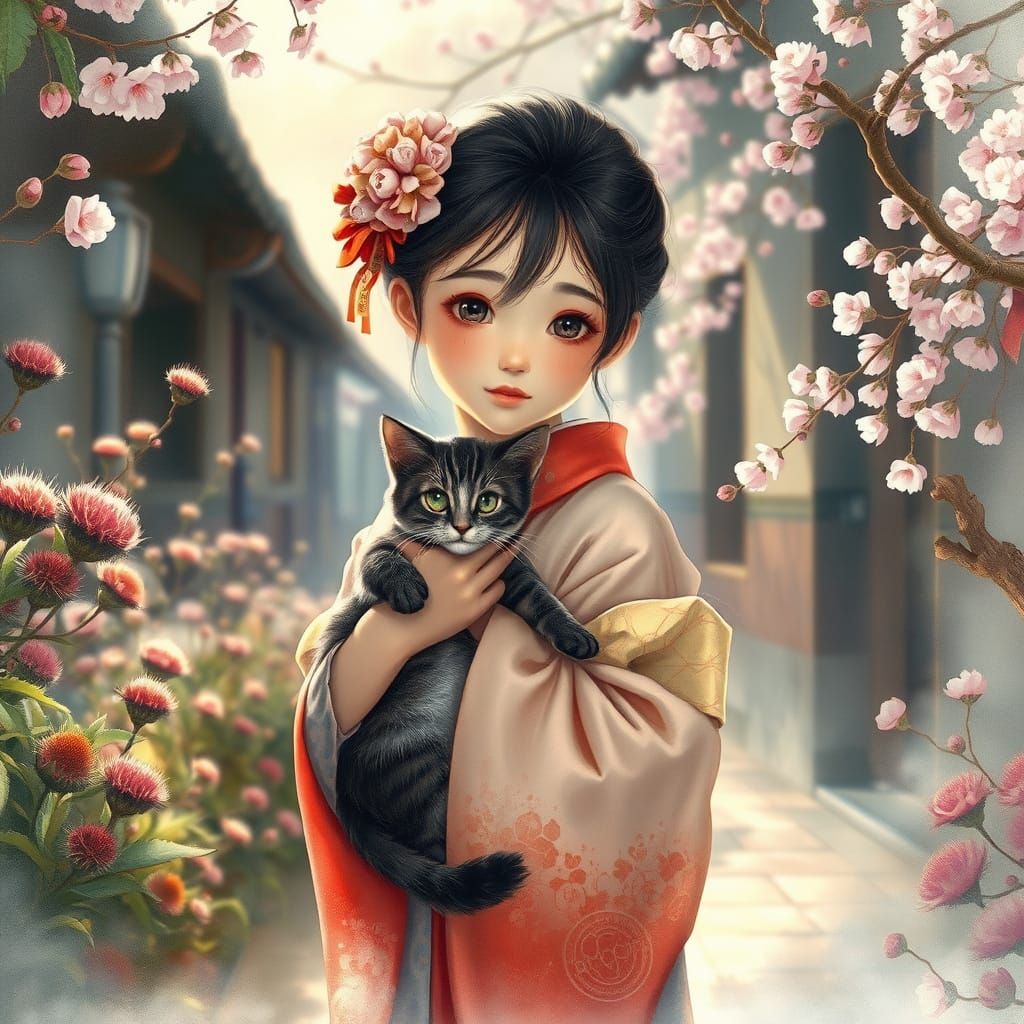 Ethereal Kyoto Alleyway Scene with Japanese Girl and Cat