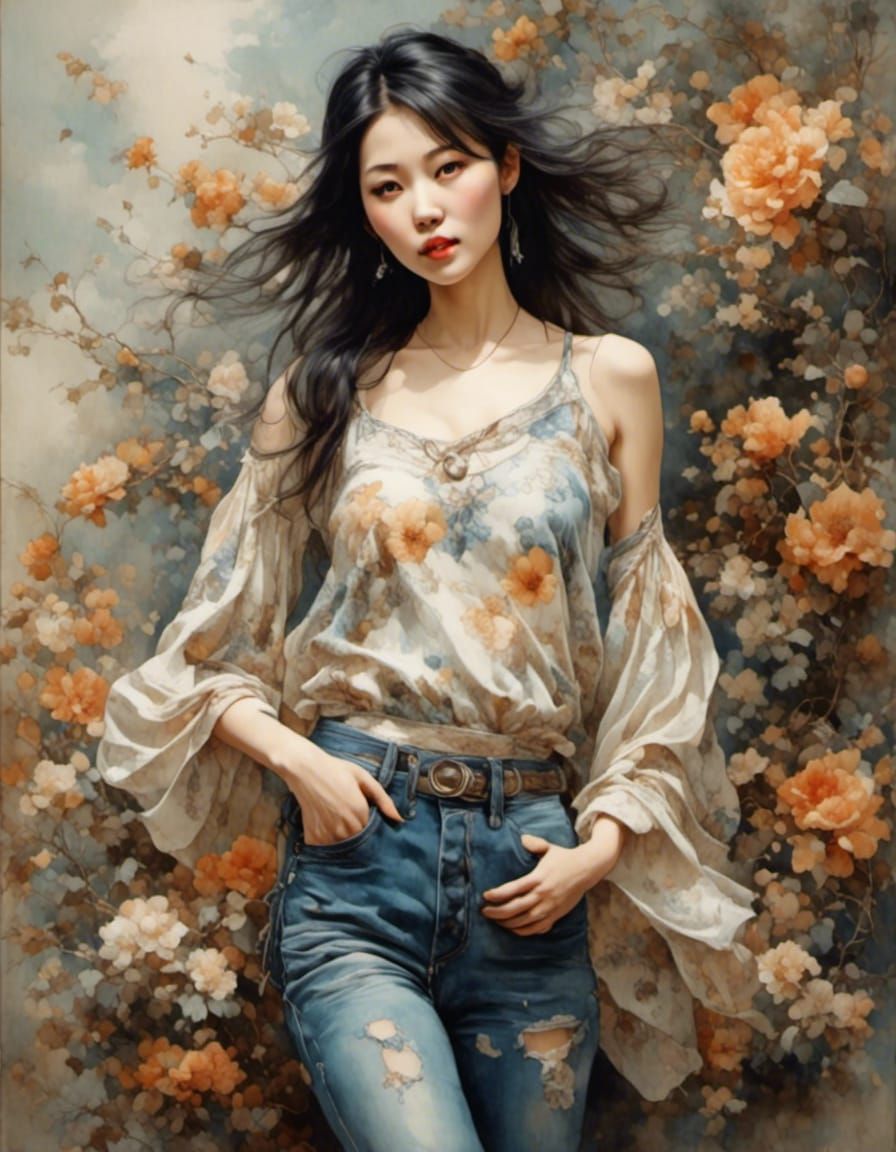 Playful Chinese Woman: Hyperreal Romantic Watercolor Portrai...