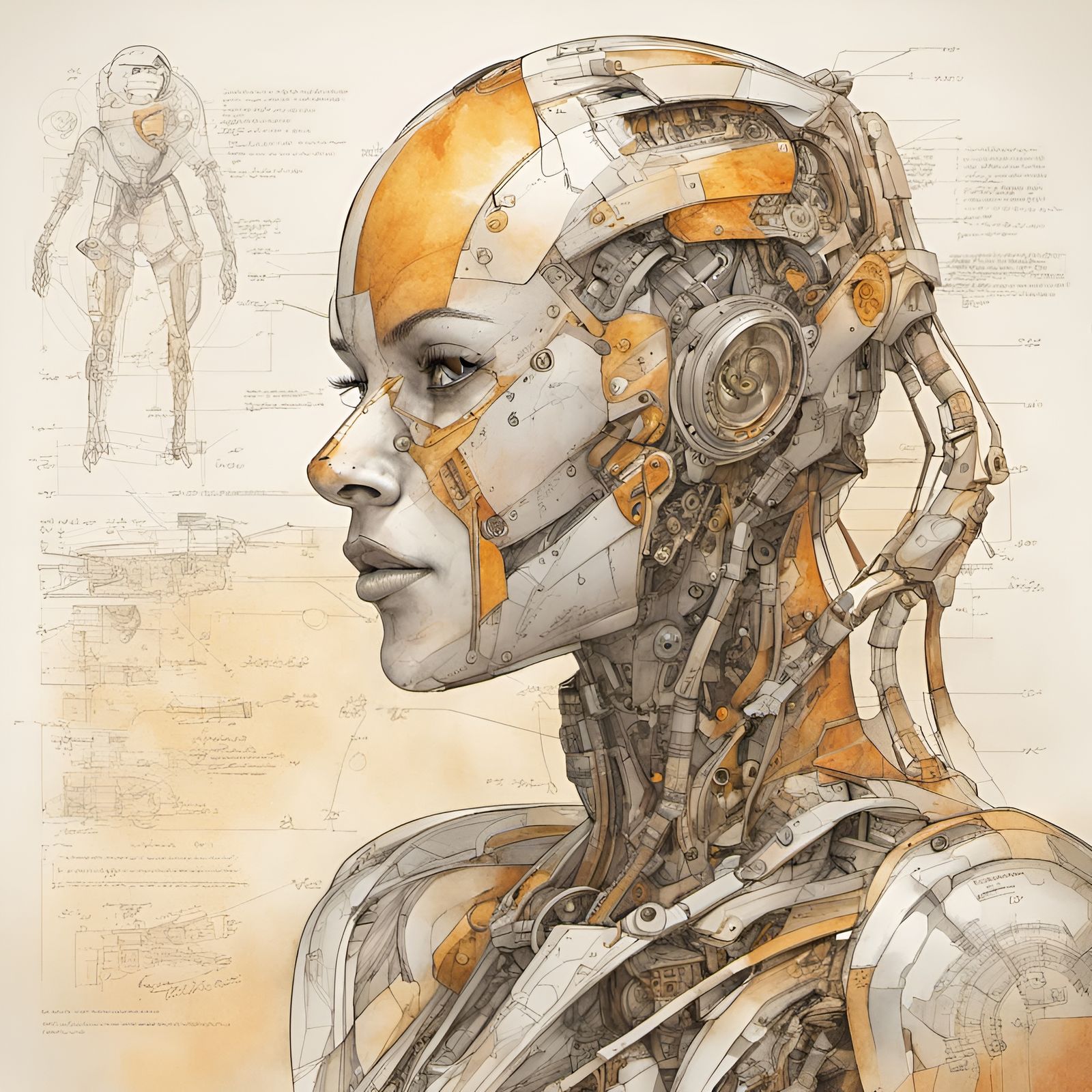 Detailed Schematic of a Beautiful Female Cyborg