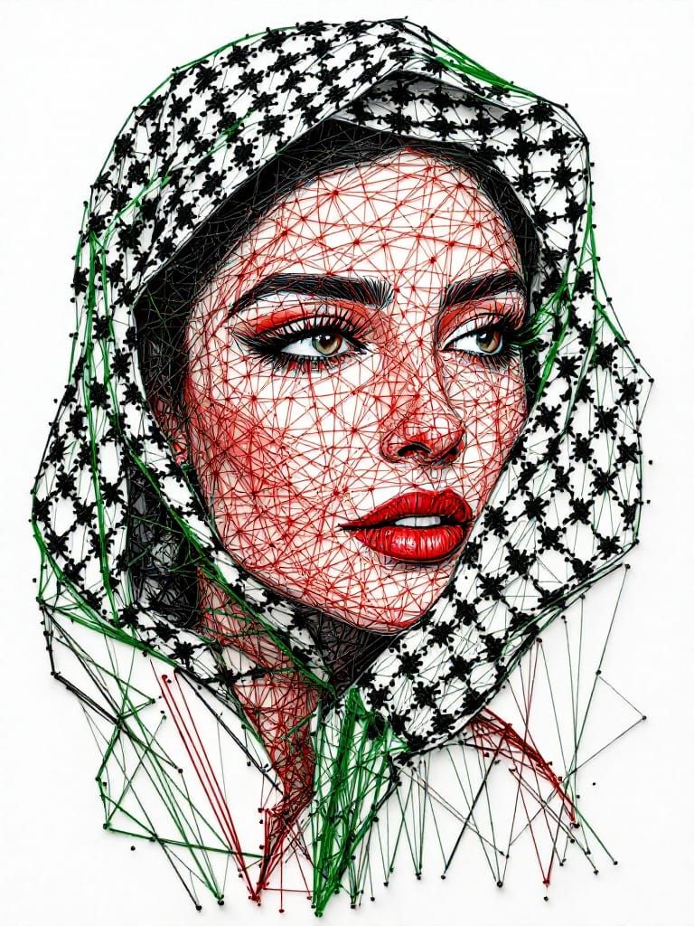 String Art Portrait of Palestinian Woman in Keffiyeh