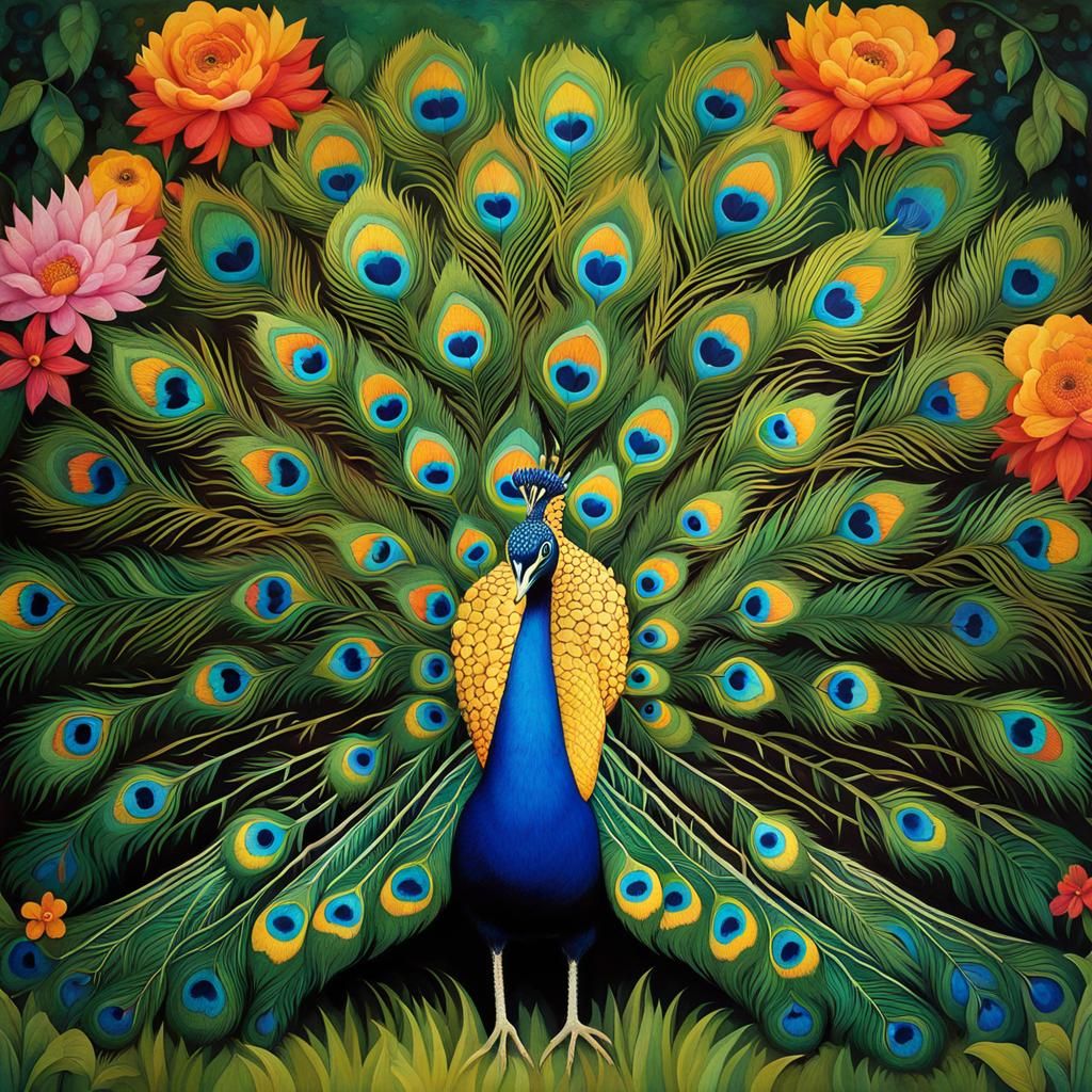 Peacocks Displaying Feathers in Lush Garden Photography
