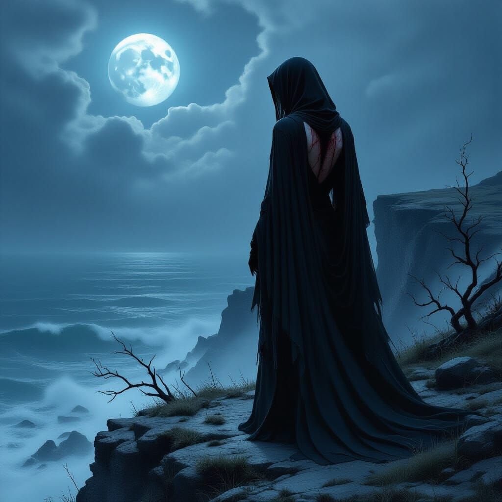 Spectral Woman on Windswept Cliff Overlooking Stormy Sea