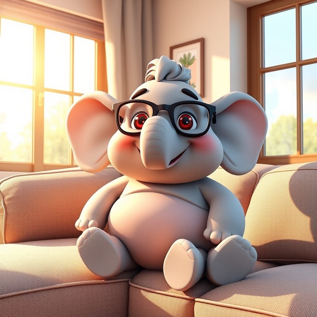 adorable happy anthropomorphic CGI cartoonchubby elephant wearing glasses on a couch, sunny day through the windows