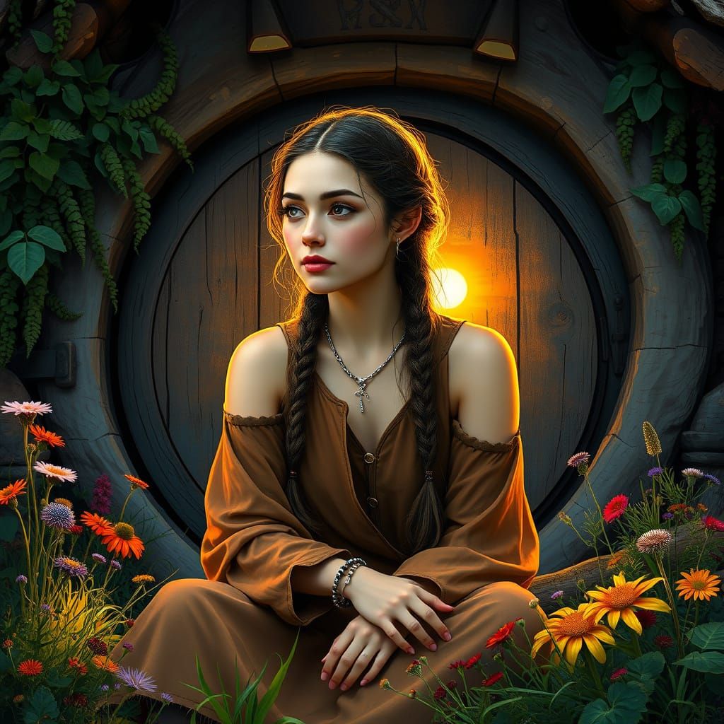 Ethereal Hobbit Maiden Basks in Sunset Glow