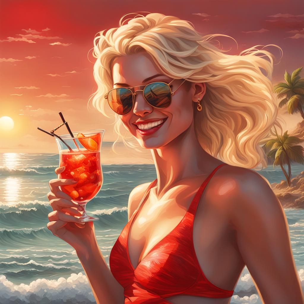 Confident Blonde Woman in Red Bikini: Oil Painting
