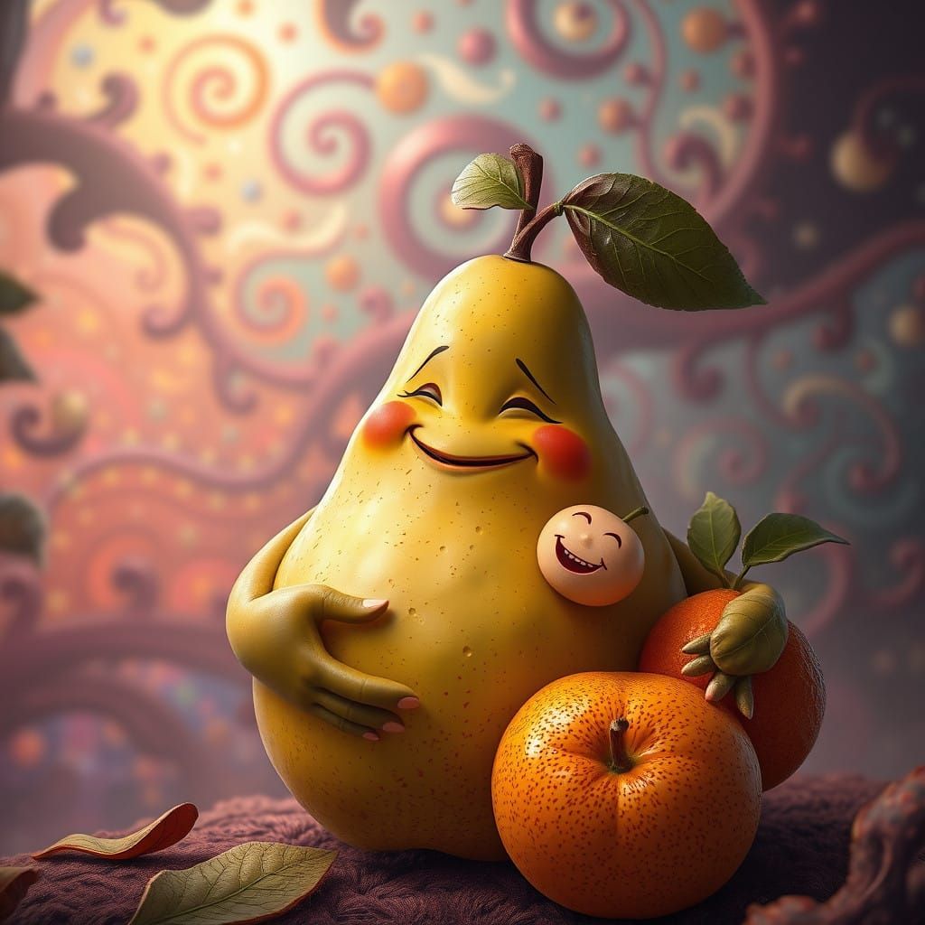 Pear Smiles with Joyful Apple and Orange in Vibrant Dreamlik...