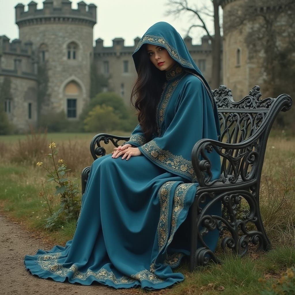 Victorian Woman in Blue Cloak at Castle