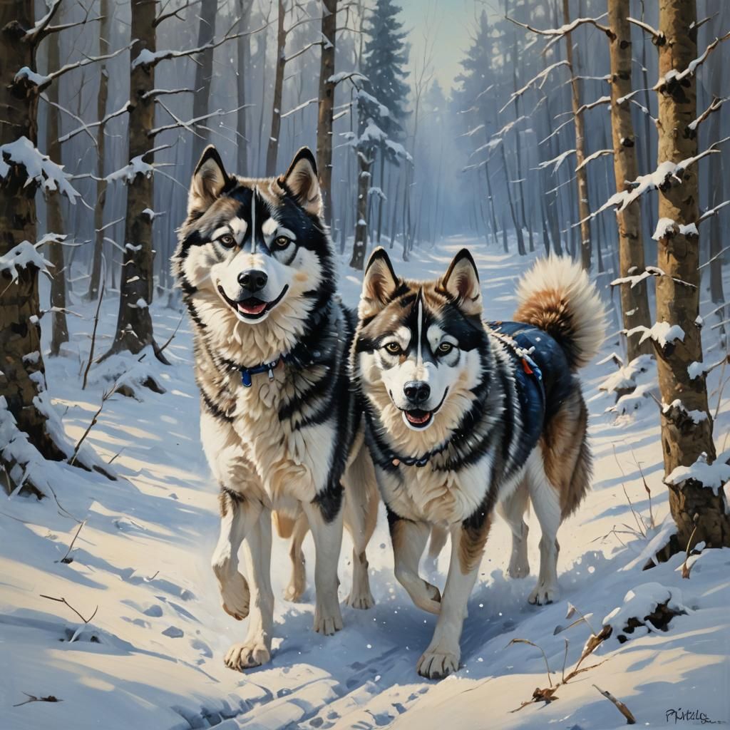 Huskies Playing in Snowy Forest, Gurney Style Oil