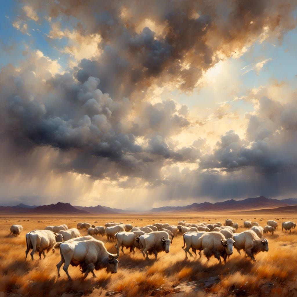 White Buffalo Herd in Western Landscape Painting
