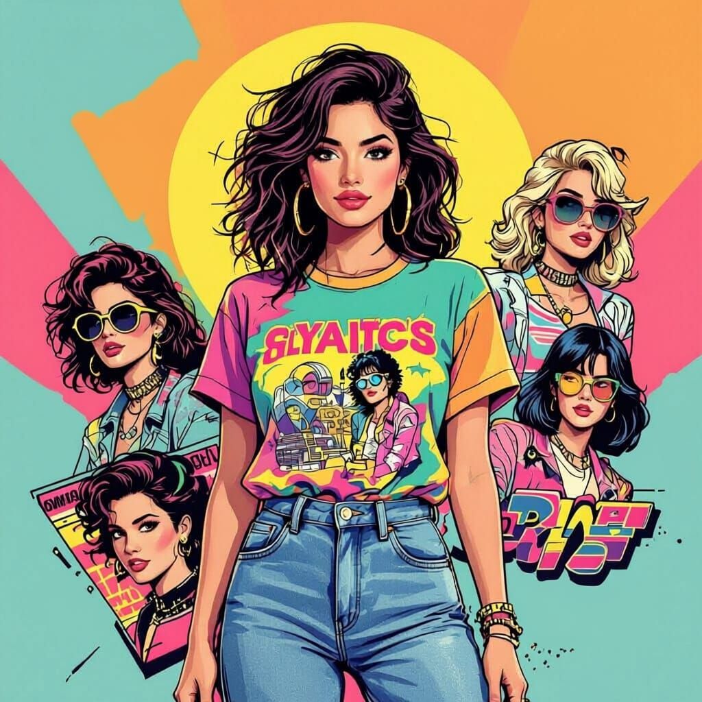 Nostalgic Pop Culture Icon in Vibrant 80s Style