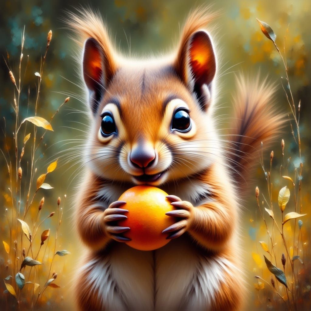 Photorealistic Squirrel with Fruit, Ash Thorp Style