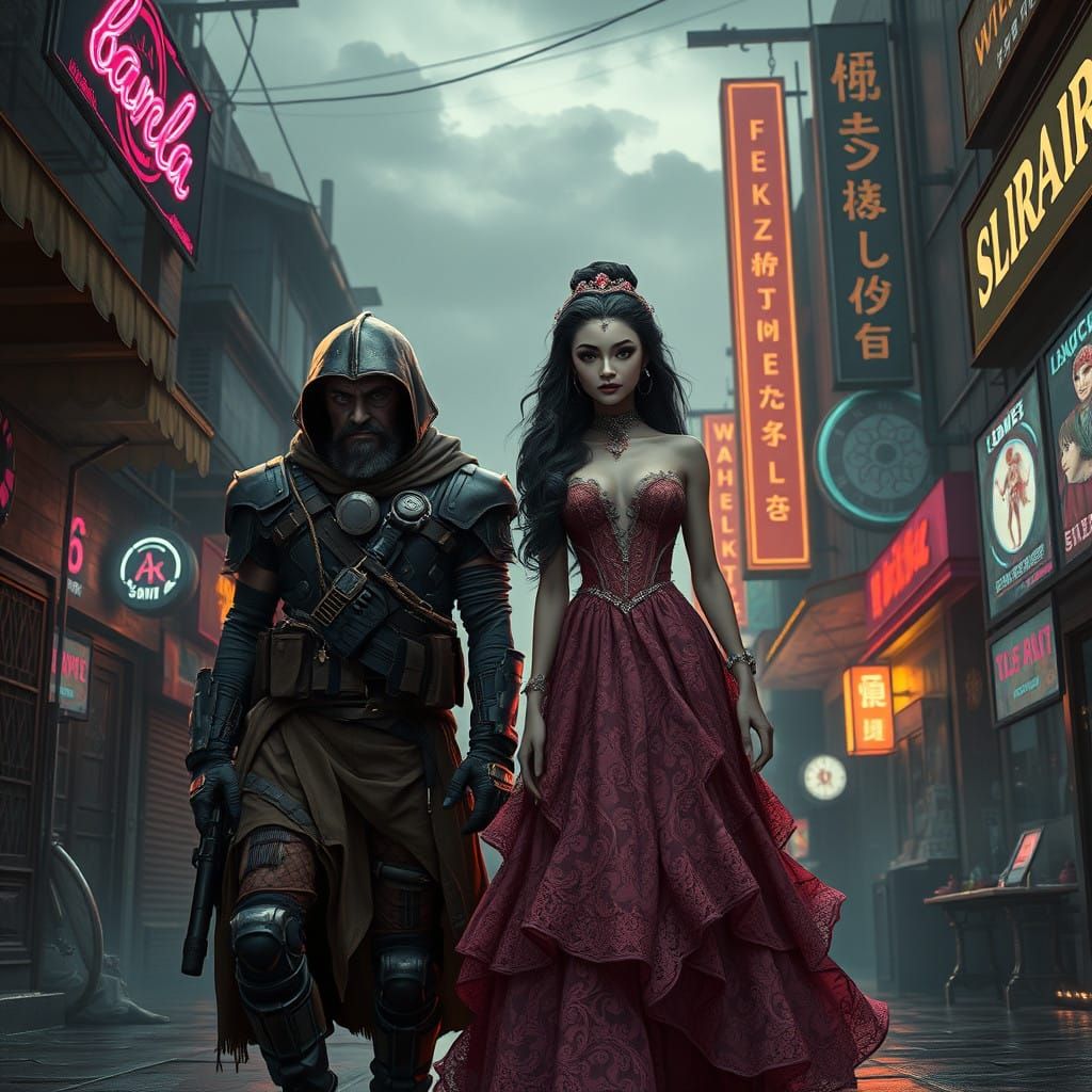 Cyberpunk Soldier Walks Beside Elegant Princess in Dark Alle...