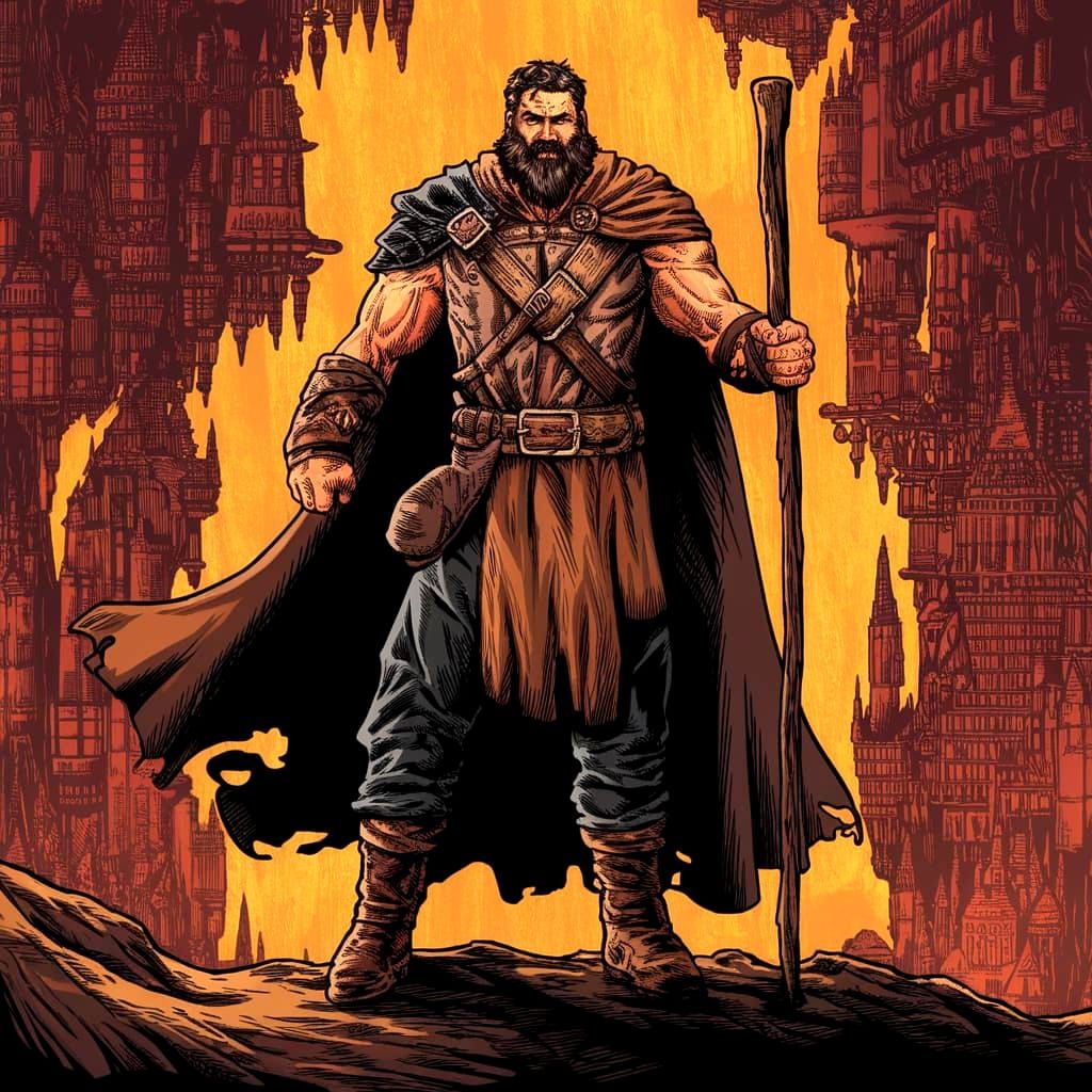 Towering Mountain Man Wizard in Woodcut-Style Fantasy Scene