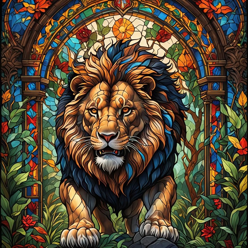 Stained Glass Lion: Regal King of the Jungle