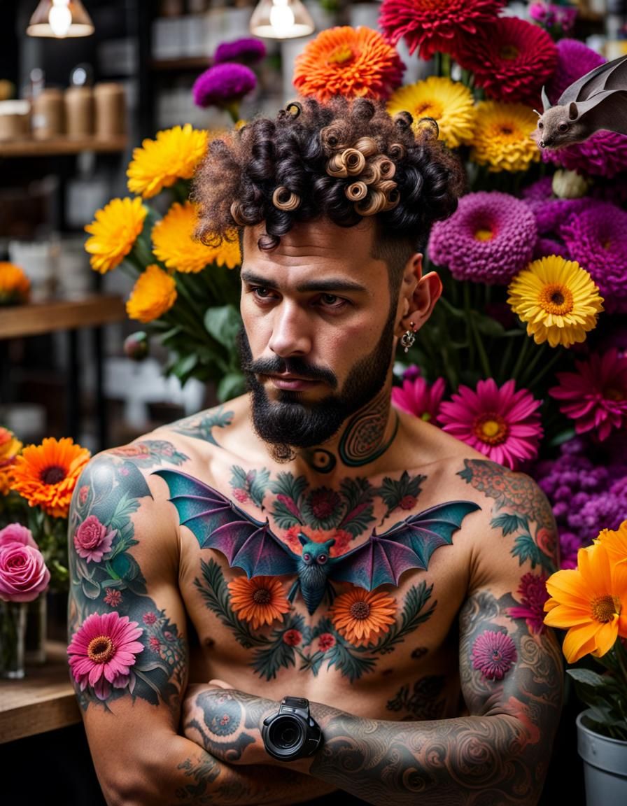 Tattooed Man Working at Flower Shop