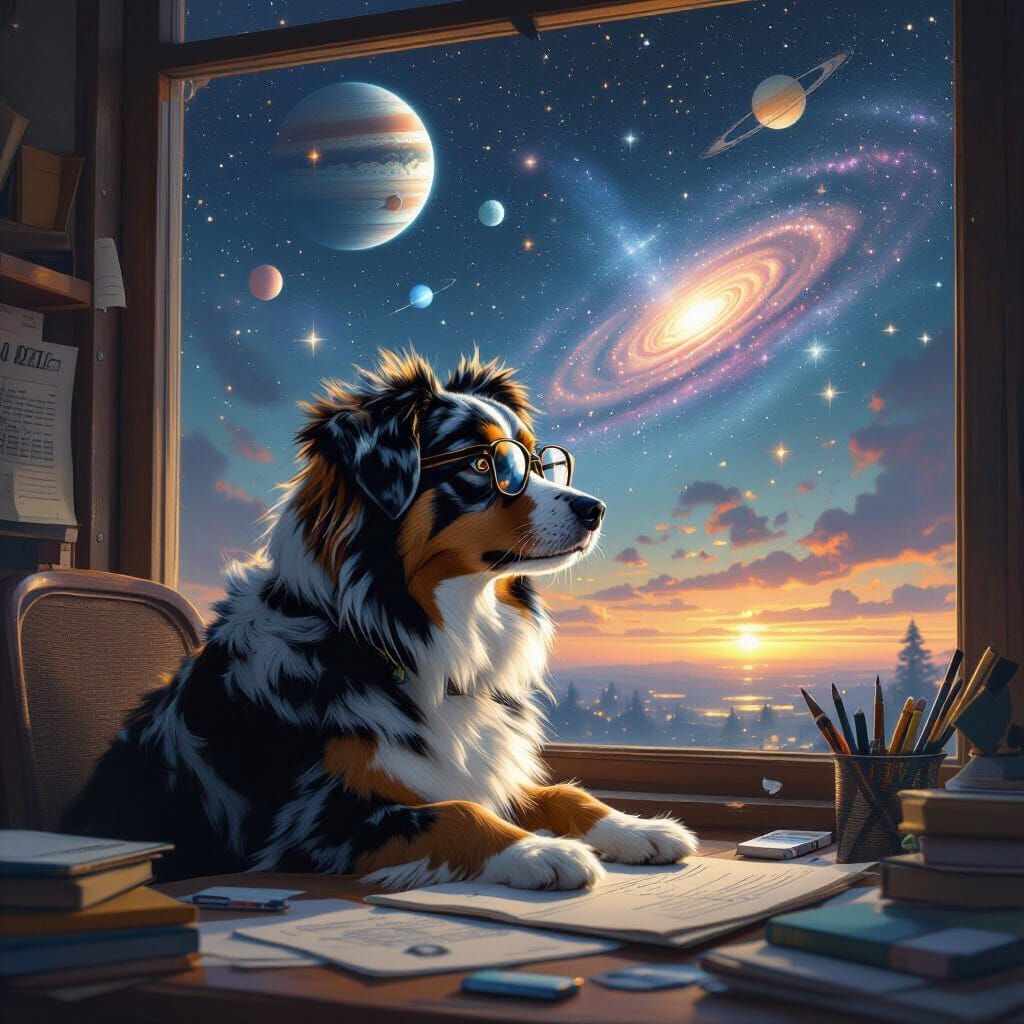 Australian Shepherd Contemplates Cosmos in Dreamy Realism