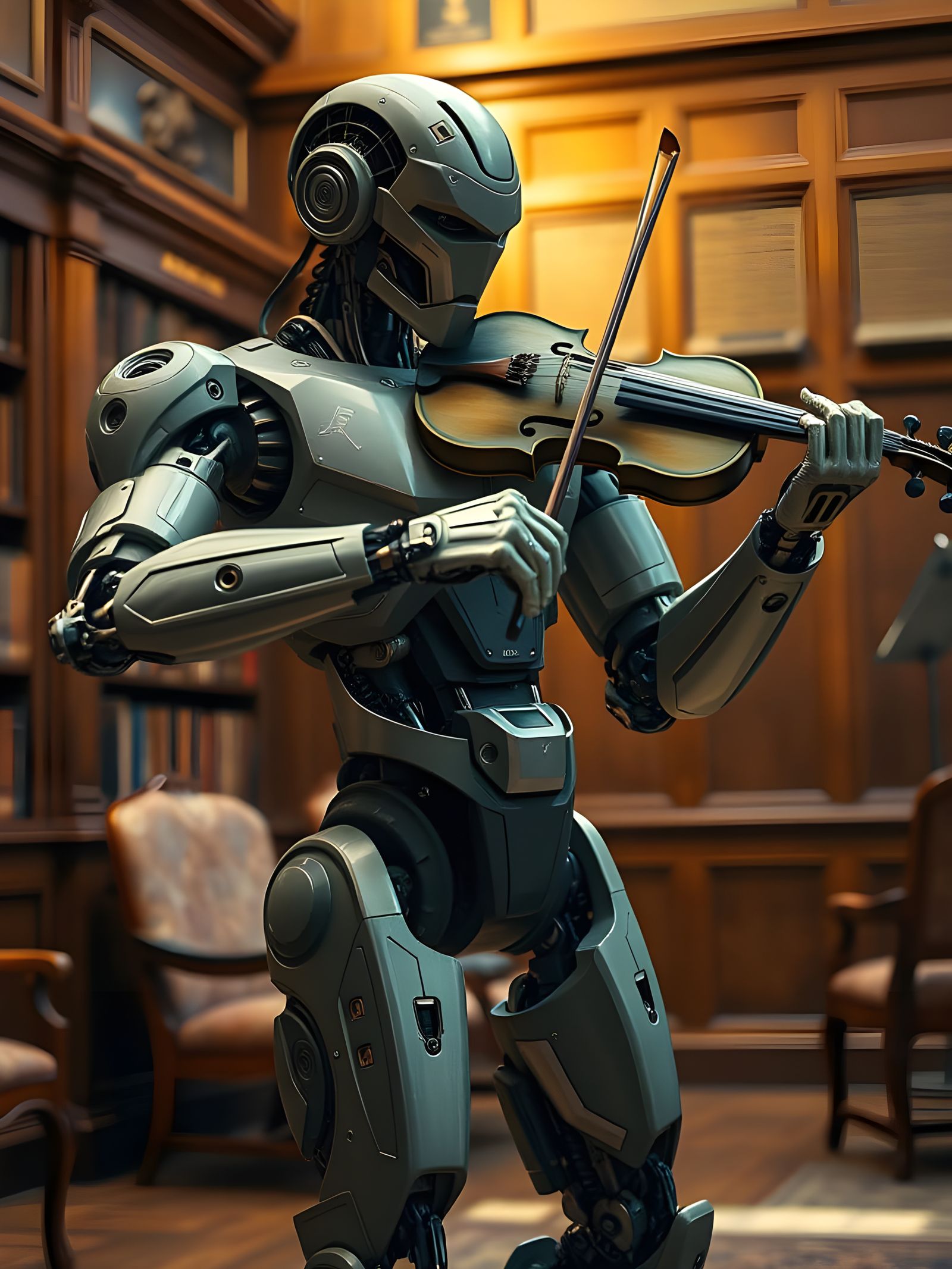 Robot Maestro in Elegant Wood Panelled Library