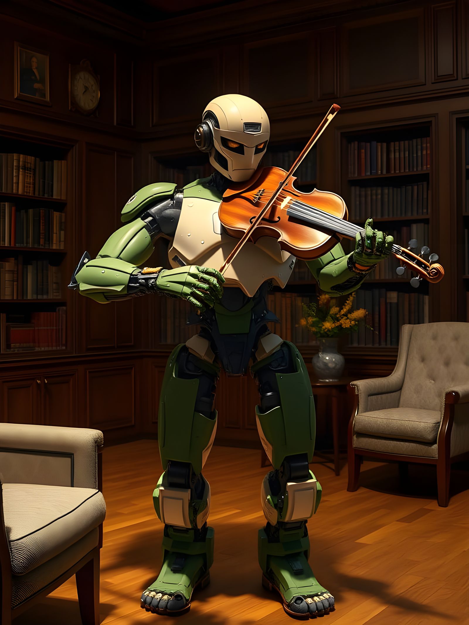Cybernetic Robot Plays Violin in Elegant Library Setting