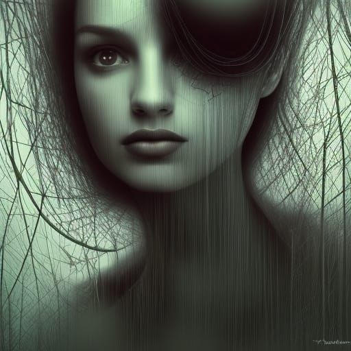 Woman with Tree Leaf Hair: Airbrush Art