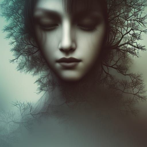 Woman Etched in Tree Leaves: Airbrush Art