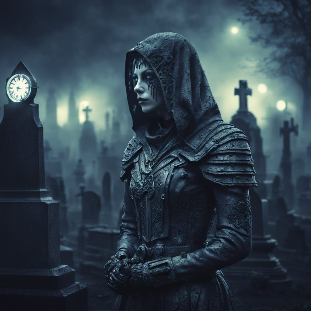 Gothic Cybernetic Goddess in Midnight Cemetery