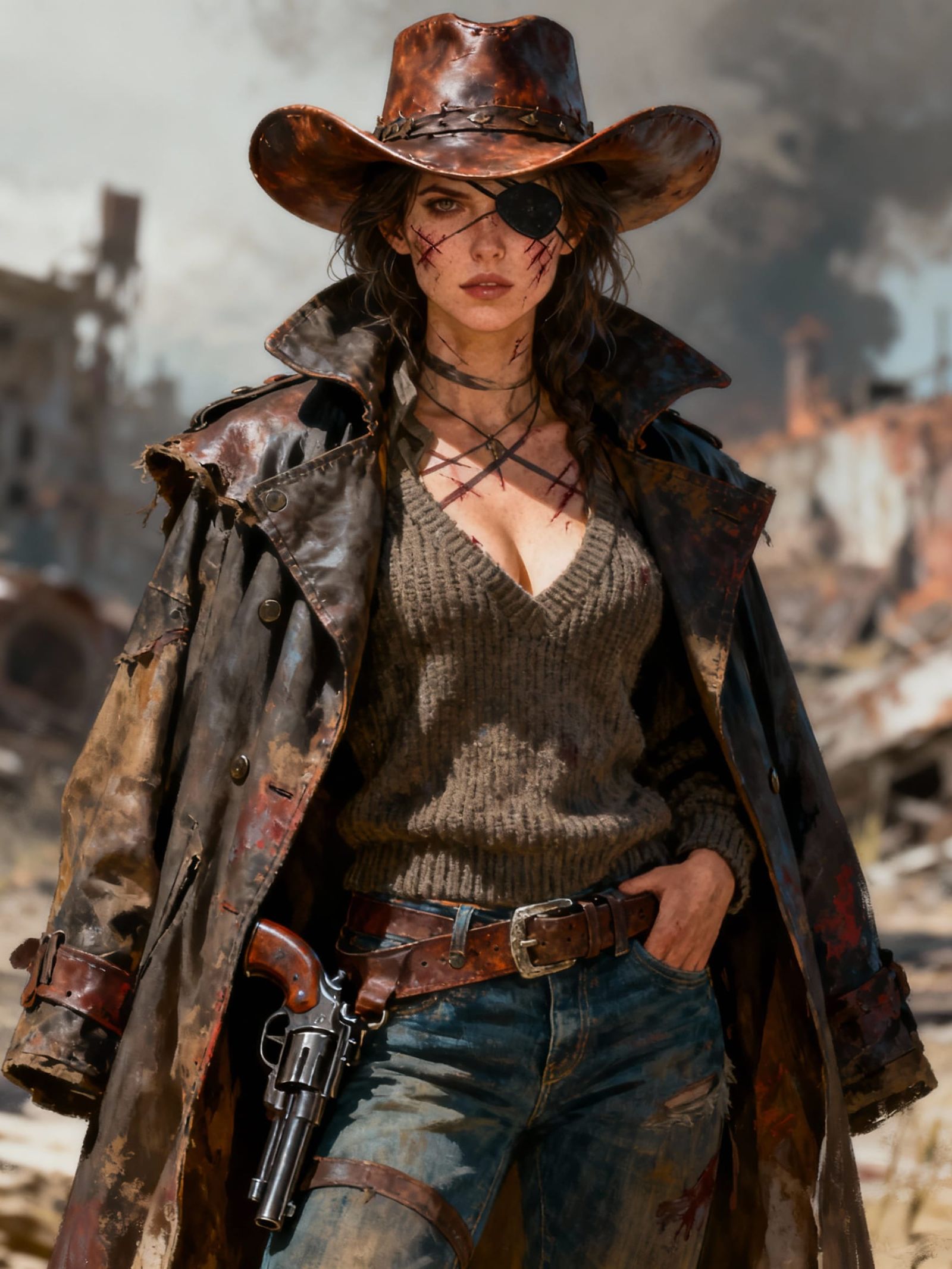 Scarred Survivor in Apocalyptic Landscape