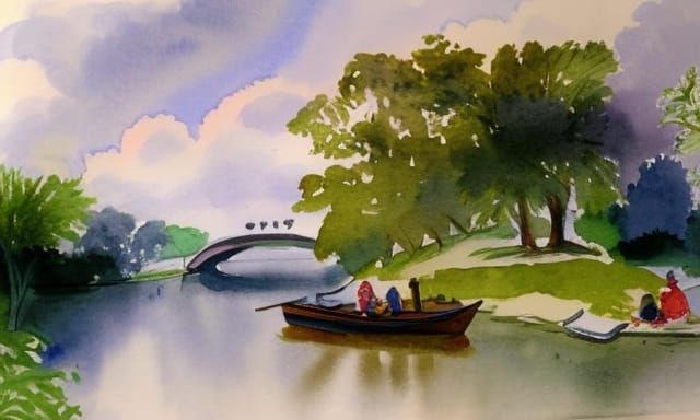 Watercolour Painting of a Riverbank Picnic