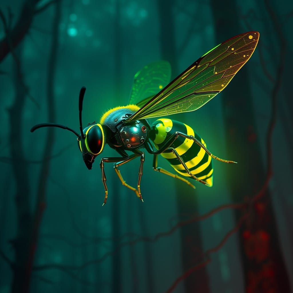 Radioactive Wasp in Cyberpunk Biomechanical Forest