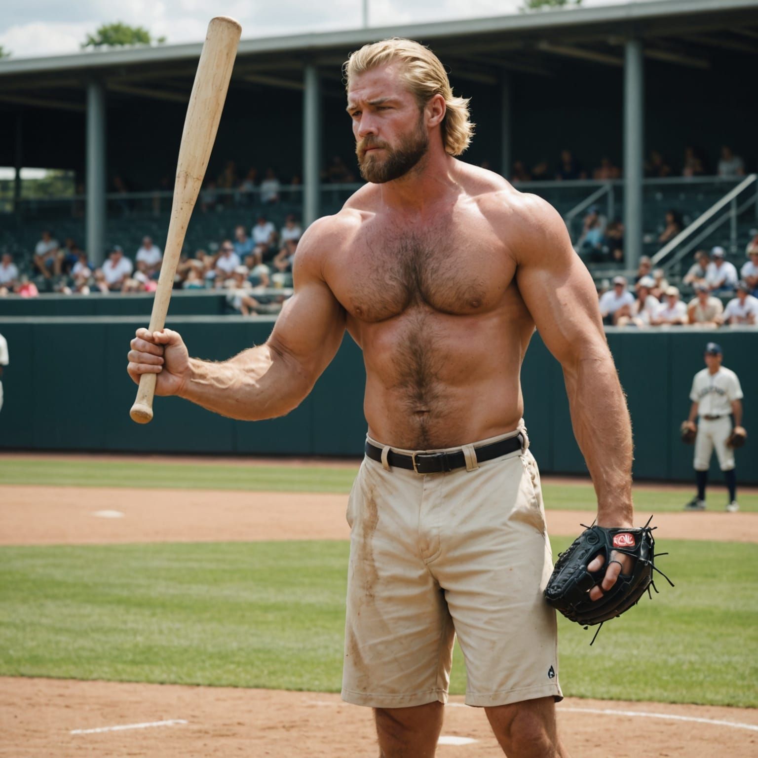 Muscular Athlete in Tattered Shorts, Ready to Hit a Baseball