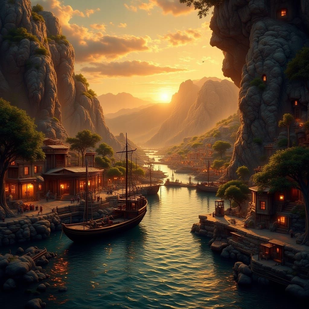Phoenician Harbor at Sunrise in Photorealistic Style