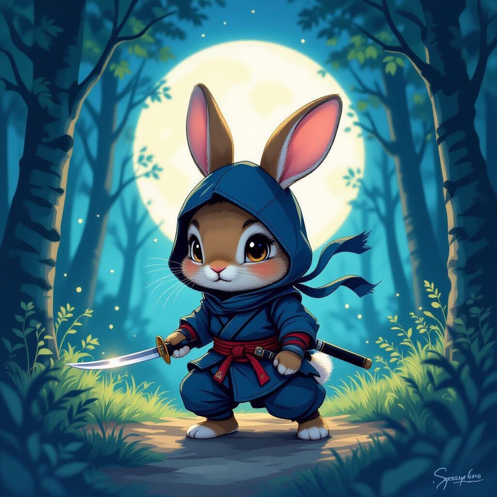 Bunny Ninja in Moonlit Forest, Whimsical Illustration
