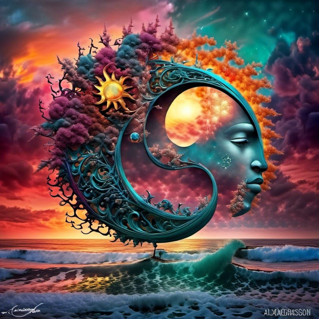 Surreal Yin Yang Sun Moon Cubist Dreamscape