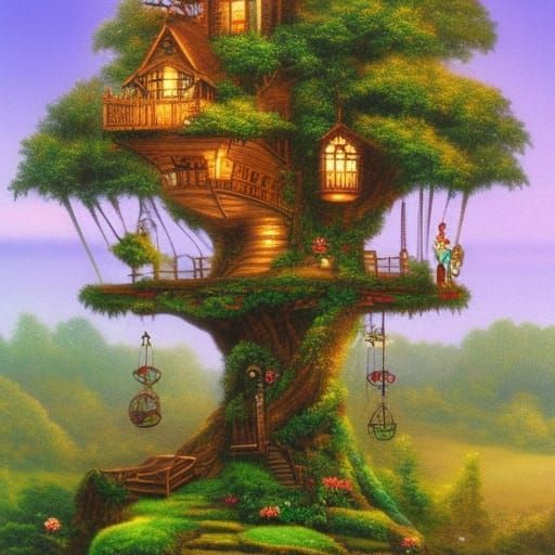 Ethereal Treehouse Clock in Kinkade Style