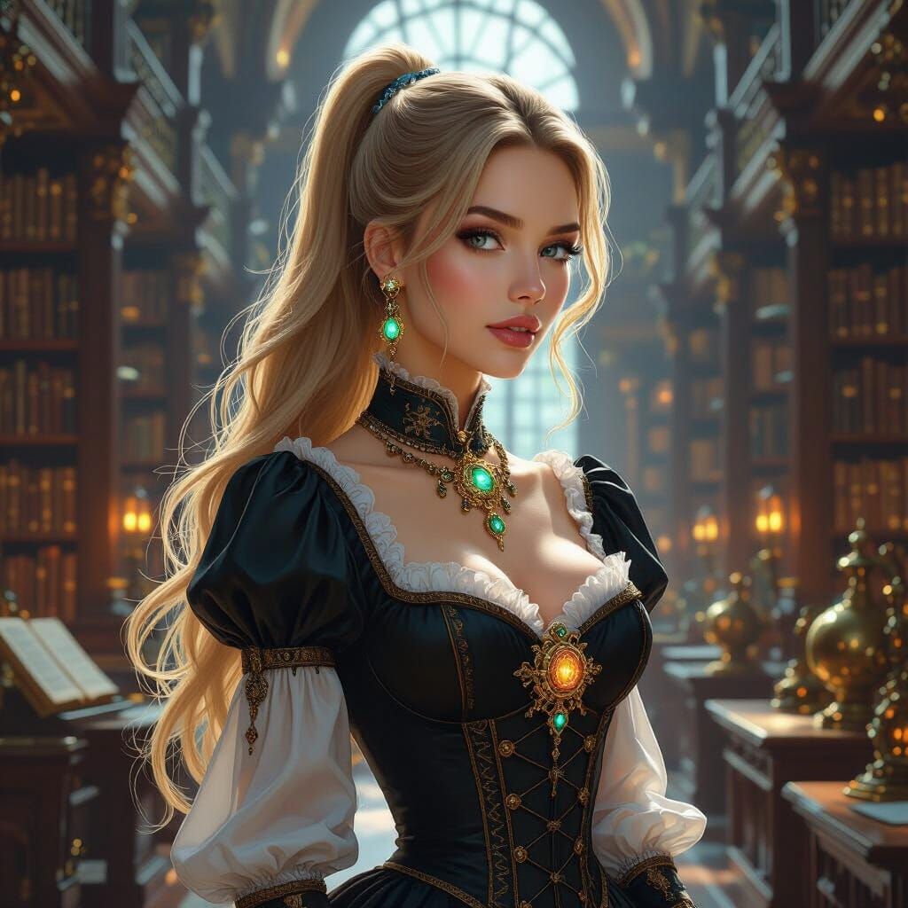 Steampunk Beauty in Grand Library, Hyperrealistic Art