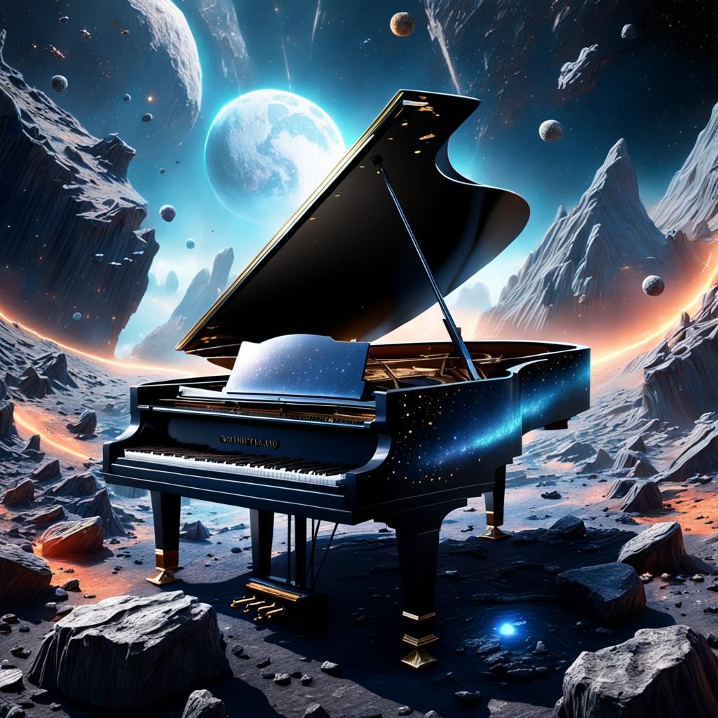 Grand Piano Amidst Asteroid Field in Detailed Matte Painting