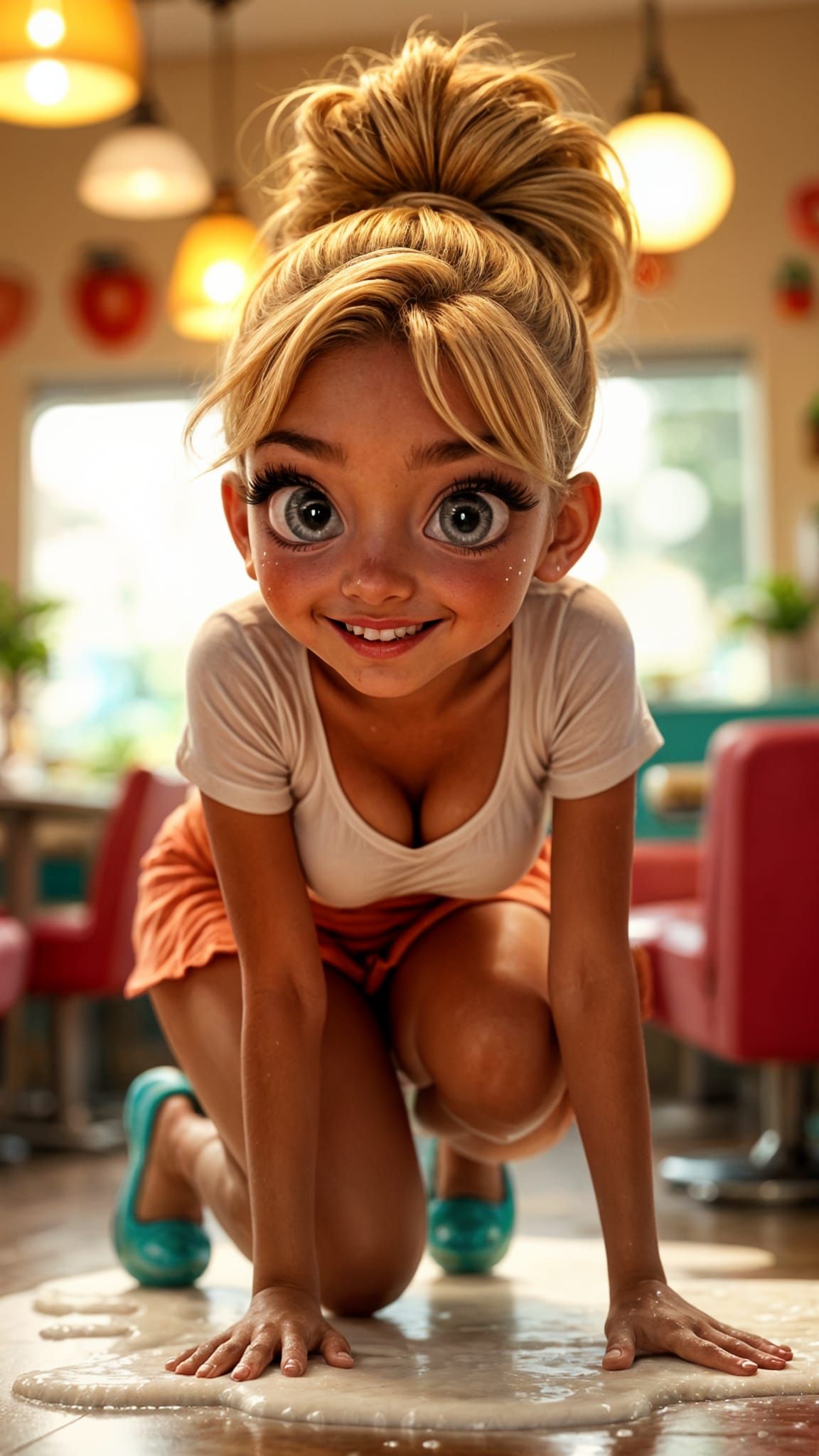 Voluptuous Waitress Scrubbing Diner Floor in Pixar Style
